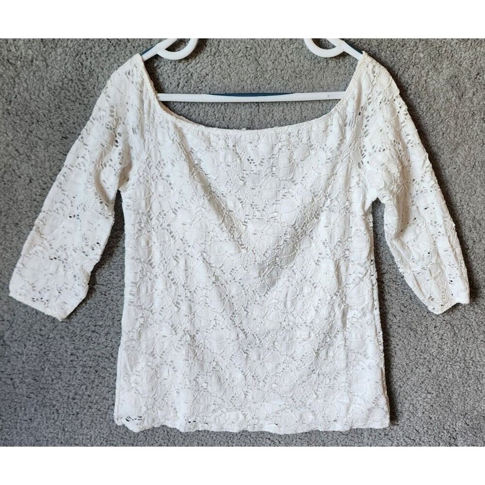 Peck & Peck Women's 3/4 Sleeve Off The‎ Shoulder Lace Overlay Blouse Top White L